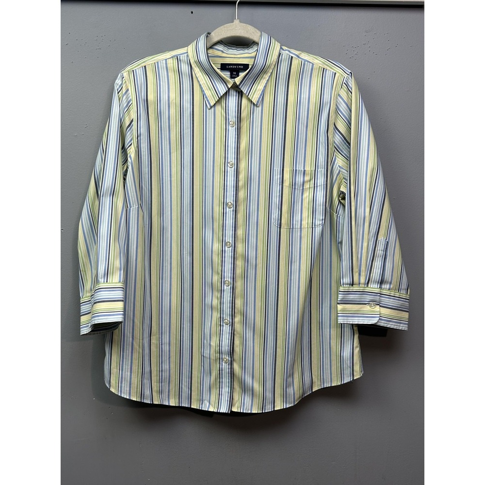 Lands' End Button Down Womens 14 Multi Color Striped 3/4 Sleeve Classic Preppy